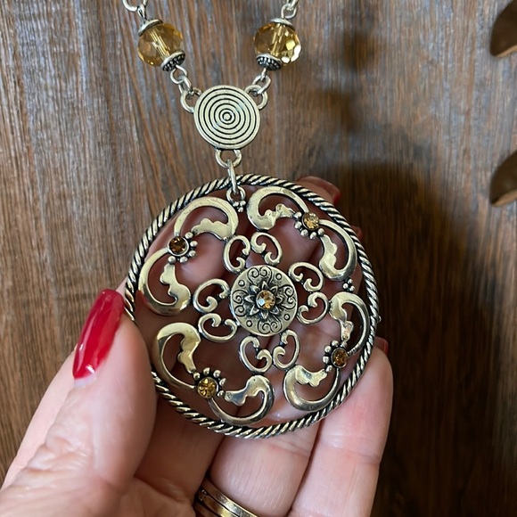 Long Necklace w/ Round Amber Toned Pendant - Picture 2 of 5